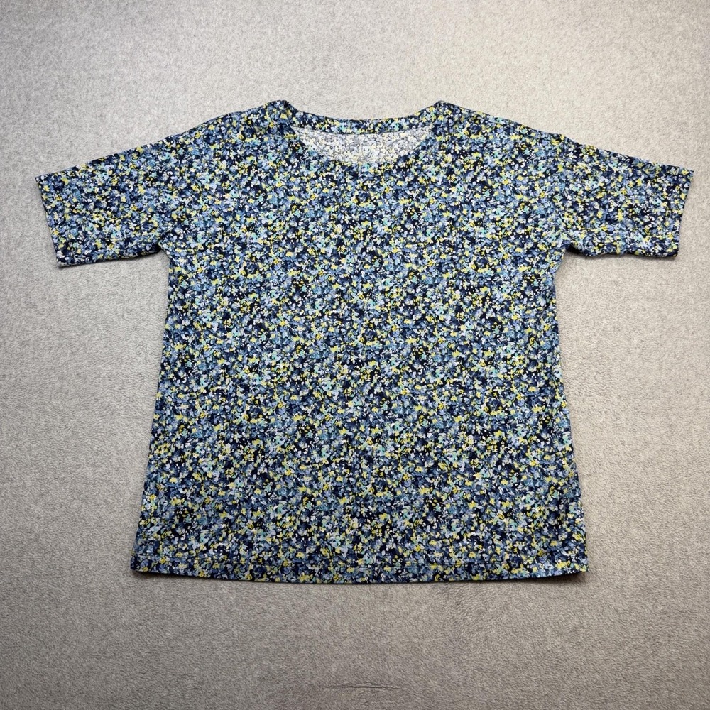 J Jill Luxe Supima Elbow Sleeve Tee Shirt Womens Medium Blue Floral Casual